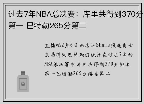 过去7年NBA总决赛：库里共得到370分第一 巴特勒265分第二